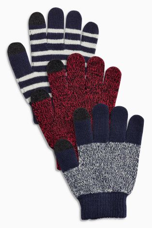 Red/Blue/Stripe Touch Screen Knitted Gloves Three Pack (Older Boys)